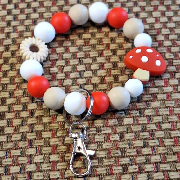 Handcrafted Homemade Silicone Mushroom & Sunflower Keychain Bracelet Wristlet - Picture 2 of 6